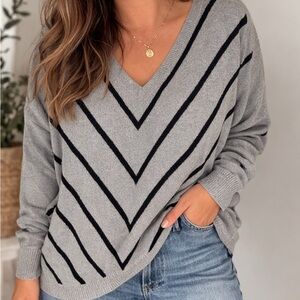 Plus Size 2X Gray Black Striped V Neck Sweater Soft Cozy Casual